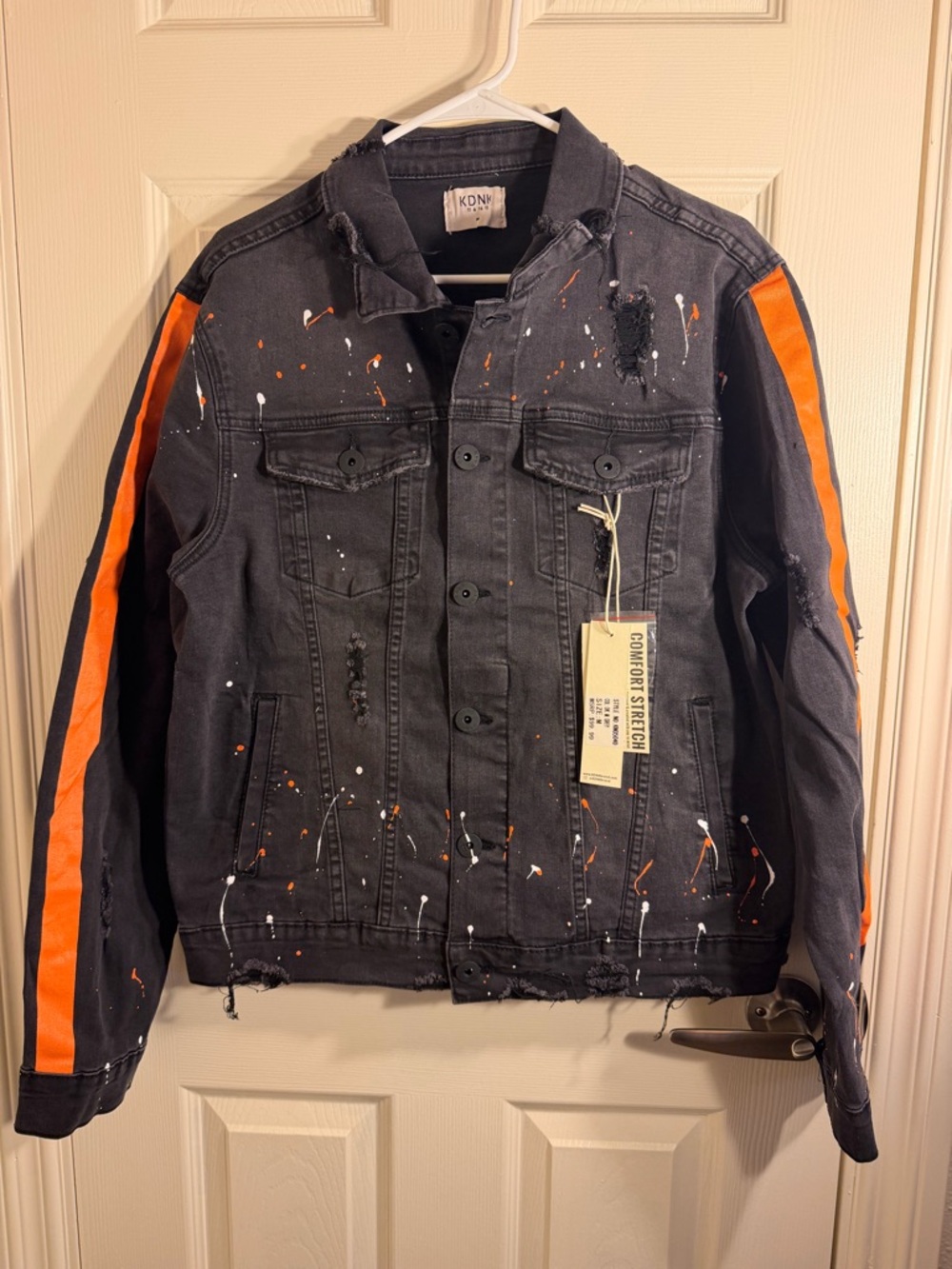 KDNK Black Denim Jacket Paint Splatter Orange Stripe Unisex Medium NWT